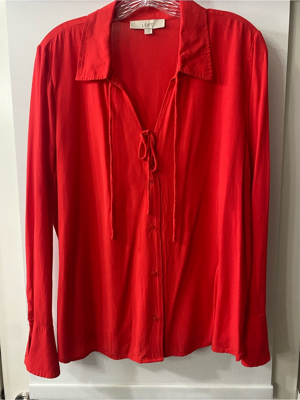 LOFT Red Tie-Neck Button-Front Blouse
